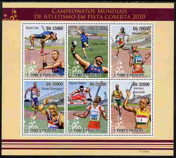 St Thomas & Prince Islands 2010 World Indoor Athletics perf sheetlet containing 6 values unmounted mint