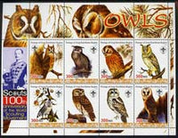 Iraqi Kurdistan Region 2005 Owls large perf sheetlet containing 8 values each with Scout Logo & 100th Anniversary imprint in margin, unmounted mint