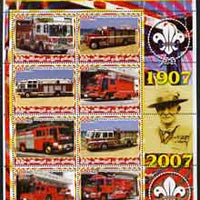 Iraqi Kurdistan Region 2005 Fire Engines #1 large perf sheetlet containing 8 values with Baden Powell & Scout Logo in margin, unmounted mint