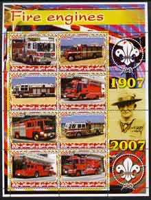 Iraqi Kurdistan Region 2005 Fire Engines #1 large perf sheetlet containing 8 values with Baden Powell & Scout Logo in margin, unmounted mint