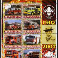 Iraqi Kurdistan Region 2005 Fire Engines #2 large perf sheetlet containing 8 values with Baden Powell & Scout Logo in margin, unmounted mint