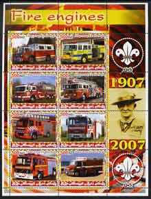 Iraqi Kurdistan Region 2005 Fire Engines #2 large perf sheetlet containing 8 values with Baden Powell & Scout Logo in margin, unmounted mint