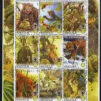 Angola 2000 Big Cats perf sheetlet containing set of 9 values (vert format) each with Rotary & Scouts Logos, fine cto used