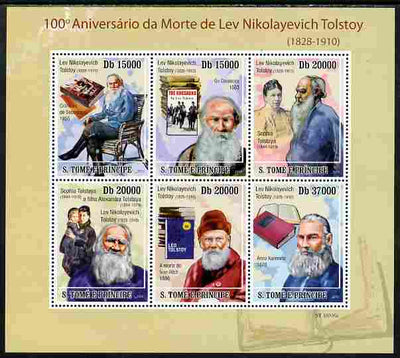 St Thomas & Prince Islands 2010 100th Anniversary of Death of Leo Tolstoy perf sheetlet containing 6 values unmounted mint