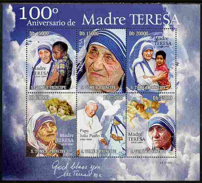 St Thomas & Prince Islands 2010 100th Anniversary of Birth of Mother Teresa perf sheetlet containing 6 values unmounted mint