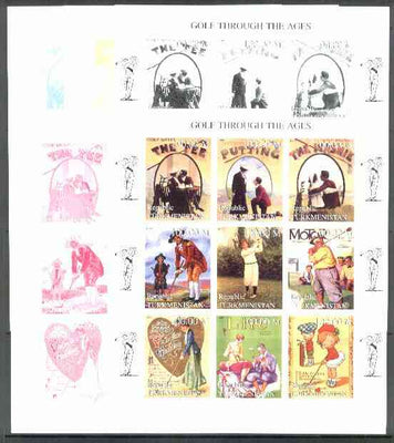Turkmenistan 1999 Golf Through the Ages sheetlet containing 9 values, the set of 5 imperf progressive proofs comprising the 4 individual colours, plus all 4-colour composite unmounted mint