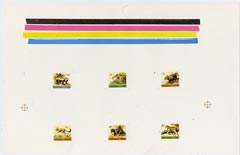 Tanzania 1980 Wildlife imperf master proof containing 6 values (10c, 20c, 40c, 50c, 75c & 80c) on gummed paper showing solid colour bars, rare