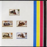 Central African Empire 1979 Death Centenary of Sir Rowland Hill (Railway Locos) imperf master proof containing set of 5 values on gummed paper showing solid colour bars, rare