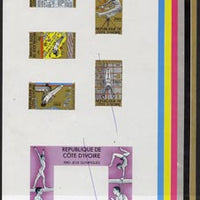 Ivory Coast 1980 Moscow Olympics imperf master proof containing 5 stamps and outer frame for m/sheet on gummed paper showing solid colour bars (one stamp and m/sheet crossed out) rare