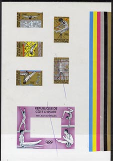 Ivory Coast 1980 Moscow Olympics imperf master proof containing 5 stamps and outer frame for m/sheet on gummed paper showing solid colour bars (one stamp and m/sheet crossed out) rare