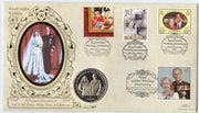 Great Britain 1997 Benham illustrated coin cover for Royal Golden Wedding bearing commem stamps from Guernsey, Isle of Man, Jersey and Great Britain each with special cancel.,Also an uncirculated Isle of Man commemorative Crown (£……Details Below