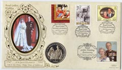 Great Britain 1997 Benham illustrated coin cover for Royal Golden Wedding bearing commem stamps from Guernsey, Isle of Man, Jersey and Great Britain each with special cancel.,Also an uncirculated Isle of Man commemorative Crown (£……Details Below