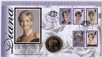 Great Britain 1999 Benham illustrated coin cover for Princess Diana bearing full set 1997 commemoratives with special Kensington Palace Gardens handstamp.,Also includes uncirculated £5 commemorative coin, explanatory card and C of A no 314 of 4000.