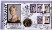 Great Britain 1999 Benham illustrated coin cover for Princess Diana bearing full set 1997 commemoratives with special Kensington Palace Gardens handstamp.,Also includes uncirculated £5 commemorative coin, explanatory card and C of A no 314 of 4000.