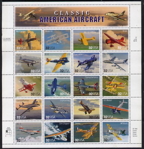 United States 1997 American Aircraft sheetlet containing 20 values unmounted mint, SG 3304a