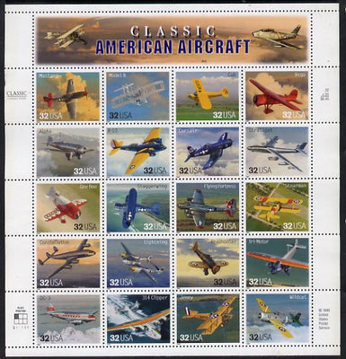 United States 1997 American Aircraft sheetlet containing 20 values unmounted mint, SG 3304a