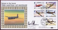 Jersey 1990 Benham silk cover saluting the Battle of Britain, bearing the Jersey 50th Anniversary set of 5 with special Anniversary cancel, carried in a Lancaster of the Memorial Flight and signed by Canadian Ace Bill Randall