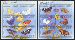 Mozambique 1999 Butterflies set of 12 in 2 perf sheetlets of 6, each signed by Thomas C Wood the designer