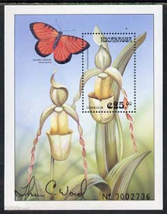 NIcaragua 2000 (?) Orchids & Butterfly perf m/sheet signed by Thomas C Wood the designer (slight imperfection at base)