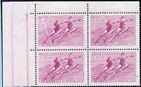 Brazil 1955 Seventh Spring Games corner block of 4 with pre-printing paper fold leaving a diagonal white line across 2 stamps unmounted mint