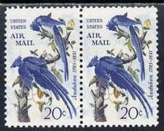 United States 1967 John Audubon 20c unused pair (without gum) with blue doubled (second impression 7mm away) SG A1304