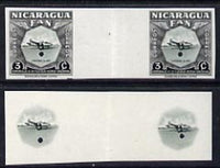 Nicaragua 1954 National Air Force 3c central vignette only plus completed design both in Imperf inter-paneau proof pairs folded through centre (ex Waterlow archives) as SG 1211