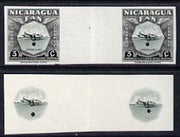 Nicaragua 1954 National Air Force 3c central vignette only plus completed design both in Imperf inter-paneau proof pairs folded through centre (ex Waterlow archives) as SG 1211
