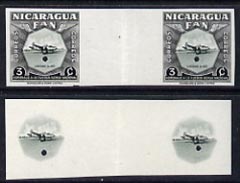 Nicaragua 1954 National Air Force 3c central vignette only plus completed design both in Imperf inter-paneau proof pairs folded through centre (ex Waterlow archives) as SG 1211