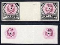 Nicaragua 1954 National Air Force 20c central vignette only plus completed design both in Imperf inter-paneau proof pairs folded through centre (ex Waterlow archives) as SG 1218