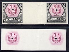 Nicaragua 1954 National Air Force 20c central vignette only plus completed design both in Imperf inter-paneau proof pairs folded through centre (ex Waterlow archives) as SG 1218