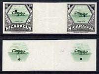 Nicaragua 1954 National Air Force 1 cor central vignette only plus completed design both in Imperf inter-paneau proof pairs folded through centre (ex Waterlow archives) as SG 1222