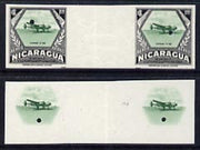 Nicaragua 1954 National Air Force 1 cor central vignette only plus completed design both in Imperf inter-paneau proof pairs folded through centre (ex Waterlow archives) as SG 1222