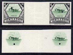 Nicaragua 1954 National Air Force 1 cor central vignette only plus completed design both in Imperf inter-paneau proof pairs folded through centre (ex Waterlow archives) as SG 1222