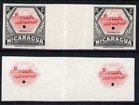 Nicaragua 1954 National Air Force 25c central vignette only plus completed design both in Imperf inter-paneau proof pairs folded through centre (ex Waterlow archives) as SG 1219