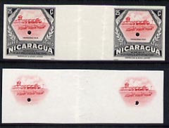Nicaragua 1954 National Air Force 25c central vignette only plus completed design both in Imperf inter-paneau proof pairs folded through centre (ex Waterlow archives) as SG 1219