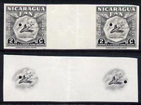 Nicaragua 1954 National Air Force 2c central vignette only plus completed design both in Imperf inter-paneau proof pairs folded through centre (ex Waterlow archives) as SG 1210