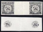 Nicaragua 1954 National Air Force 2c central vignette only plus completed design both in Imperf inter-paneau proof pairs folded through centre (ex Waterlow archives) as SG 1210