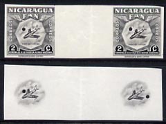 Nicaragua 1954 National Air Force 2c central vignette only plus completed design both in Imperf inter-paneau proof pairs folded through centre (ex Waterlow archives) as SG 1210