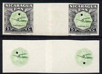 Nicaragua 1954 National Air Force 5c central vignette only plus completed design both in Imperf inter-paneau proof pairs folded through centre (ex Waterlow archives) as SG 1213