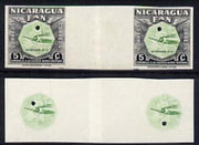 Nicaragua 1954 National Air Force 5c central vignette only plus completed design both in Imperf inter-paneau proof pairs folded through centre (ex Waterlow archives) as SG 1213