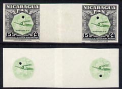 Nicaragua 1954 National Air Force 5c central vignette only plus completed design both in Imperf inter-paneau proof pairs folded through centre (ex Waterlow archives) as SG 1213