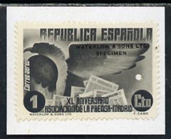 Spain 1936 colour trial proof of 1p Eagle (SG801) in black affixed to small piece overprinted 'Waterlow & Sons Ltd, Specimen' with small security puncture