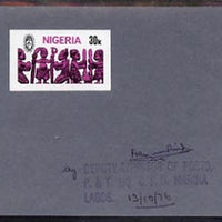 Nigeria 1977 Festival of Arts 30k (Arts & Crafts) imperf machine proof mounted on small card as submitted for approval, with Official handstamp and signed