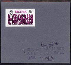 Nigeria 1977 Festival of Arts 30k (Arts & Crafts) imperf machine proof mounted on small card as submitted for approval, with Official handstamp and signed