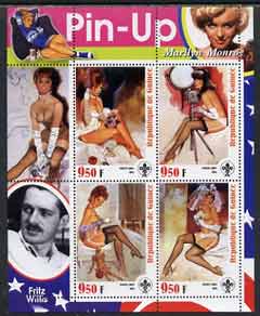 Guinea - Conakry 2003 Pin-up Art of Fritz Willis featuring Marilyn Monroe perf sheetlet containing 4 values (each with Scout logo) unmounted mint
