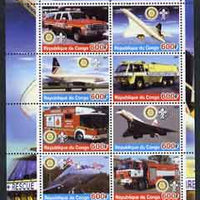 Congo 2004 Concorde & Fire Trucks #1 perf sheetlet containing 8 values (each with Rotary & Scout Logos) unmounted mint