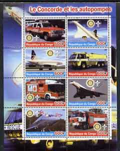 Congo 2004 Concorde & Fire Trucks #1 perf sheetlet containing 8 values (each with Rotary & Scout Logos) unmounted mint