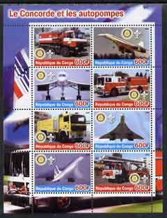 Congo 2004 Concorde & Fire Trucks #2 perf sheetlet containing 8 values (each with Rotary & Scout Logos) unmounted mint
