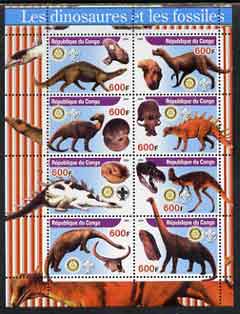 Congo 2004 Dinosaurs & Fossils #1 perf sheetlet containing 8 values (each with Rotary & Scout Logos) unmounted mint