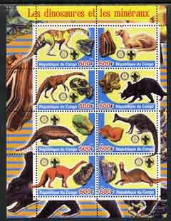 Congo 2004 Dinosaurs & Minerals #1 perf sheetlet containing 8 values (each with Rotary & Scout Logos) unmounted mint